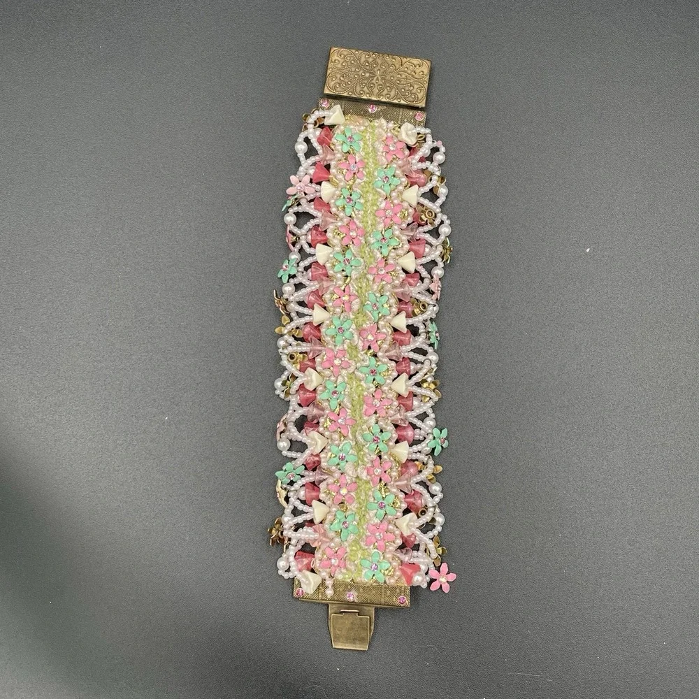 Vintage Israel Victorian Revival Cuff Beaded Floral Bracelet Unsigned 7.5